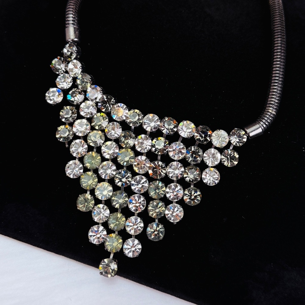 Vintage gunmetal Silvertone multicolor, rhinestone Statement Bib Necklace